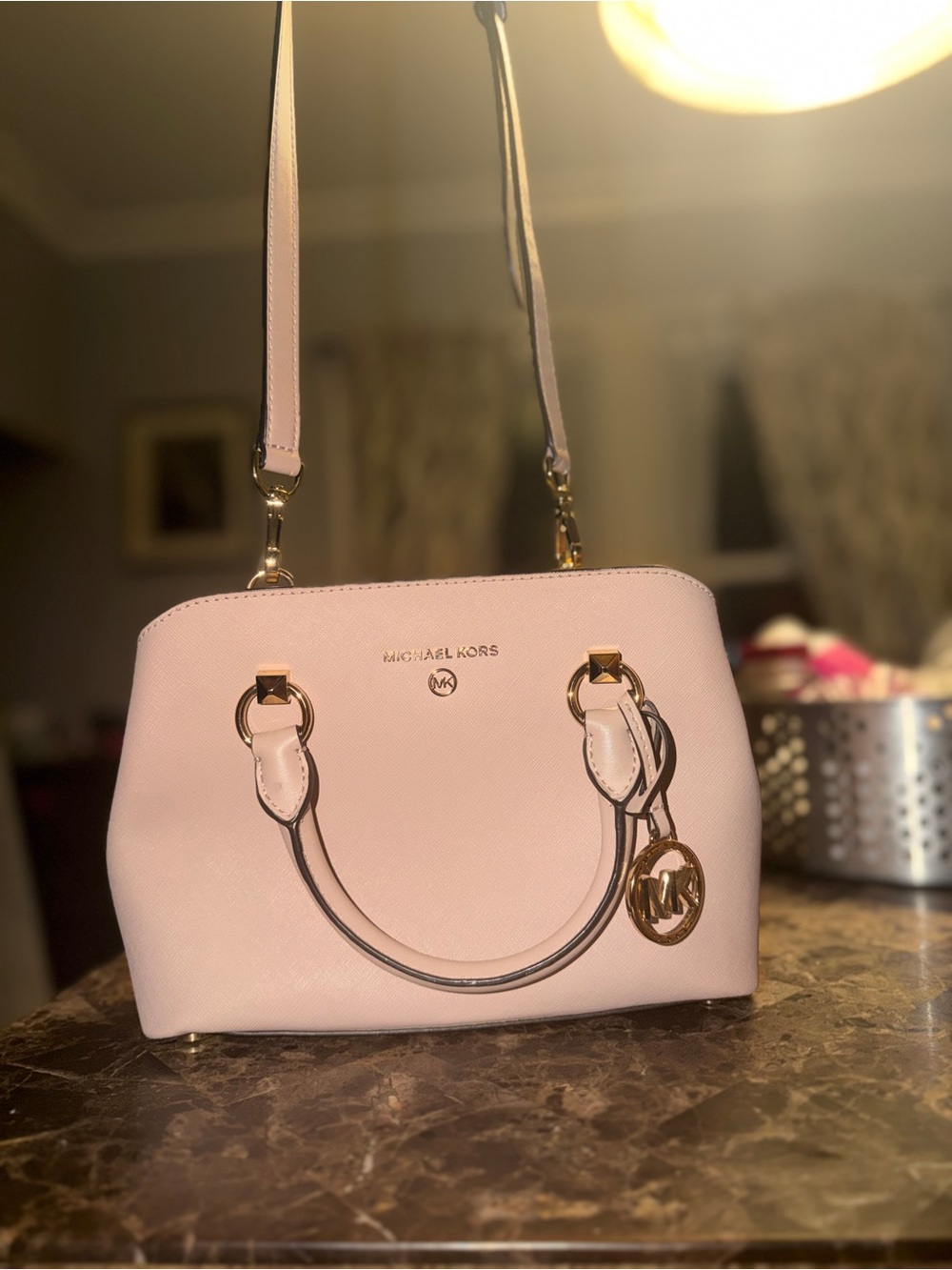 Michael Kors Pink Leather Satchel Crossbody Purse Gold Hardware